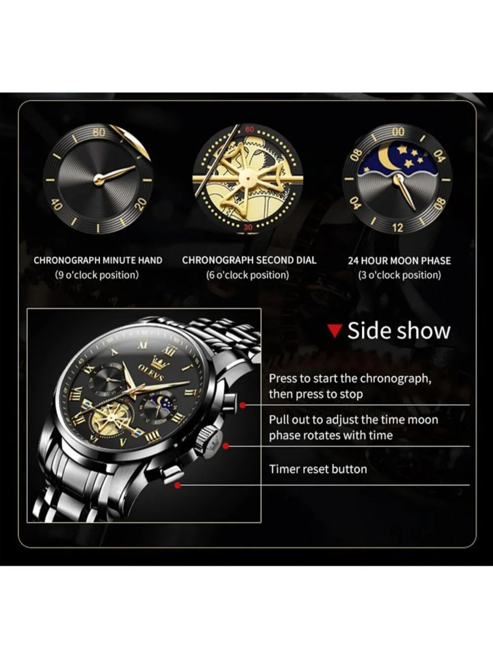 Men's Black Band and Black Face Stainless Steel Waterproof Big Face Wrist Watch